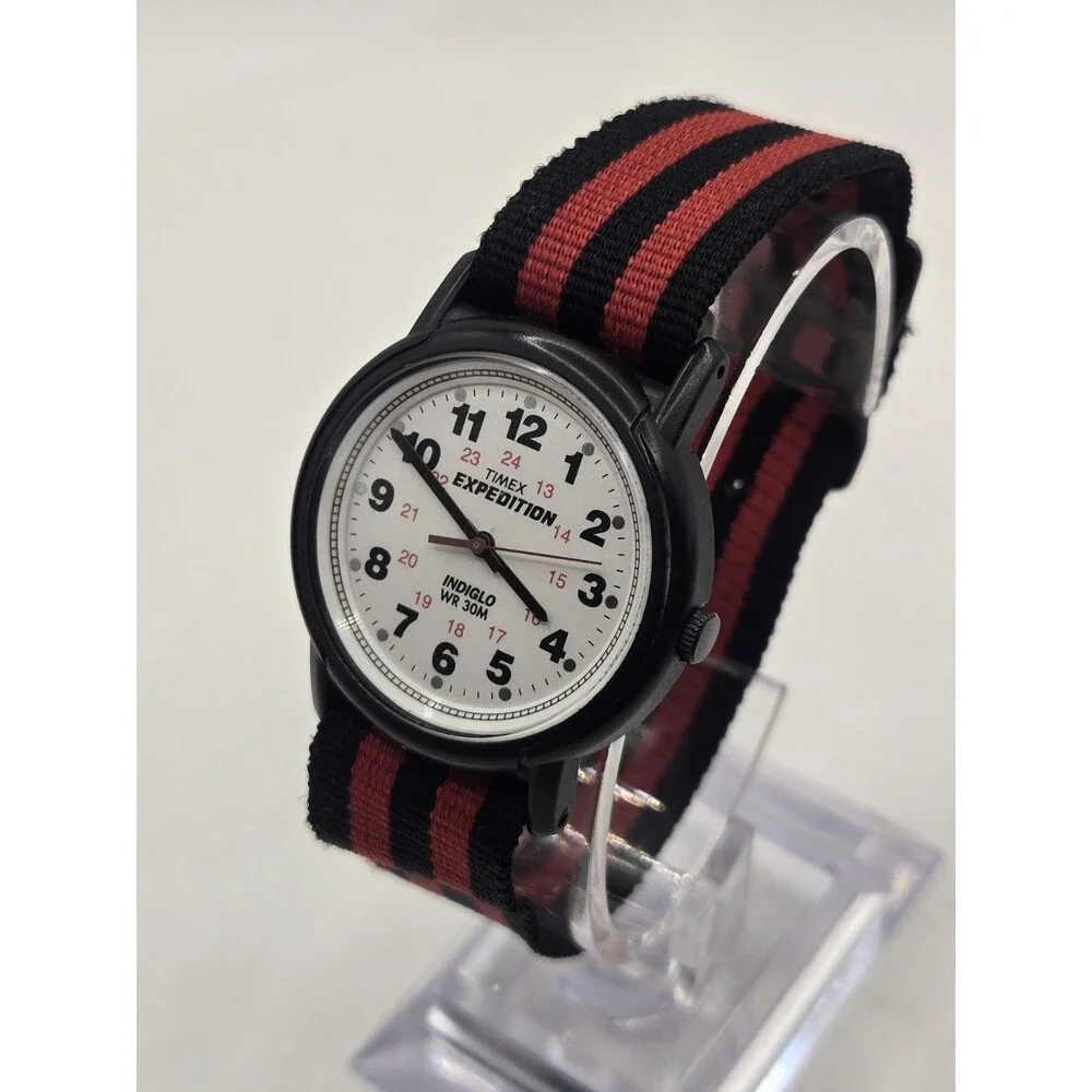 Timex Expedition Camper Indiglo 33mm Watch White Dial. Red-Black NATO strap.